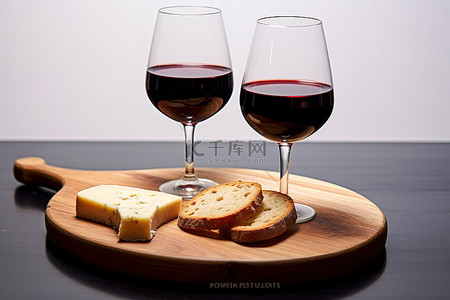 蓝莓奶酪背景图片_木板上放着两个红酒杯，上面有奶酪和意式烤面包