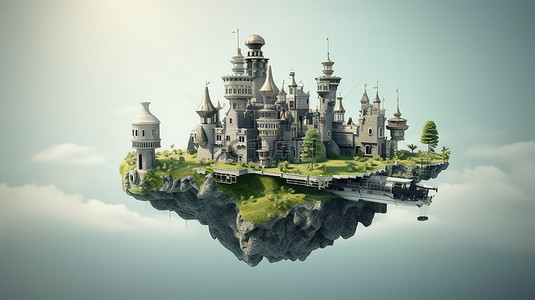 一个飞行岛的 3D 渲染，带有枪支城堡防御