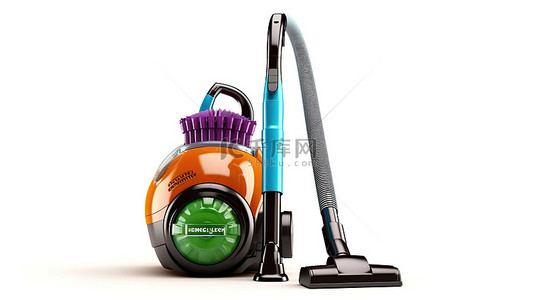 家庭清洁工具背景图片_白色背景下能效等级表和现代真空吸尘器的 3d 渲染