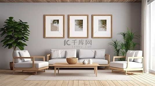 墙壁沙发背景图片_迷人的 3D 室内设计样机框架位于带木质天花板的舒适客厅中