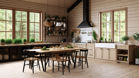 斯堪的纳维亚农舍风格木制厨房的 3D 插图，配有餐桌和餐具