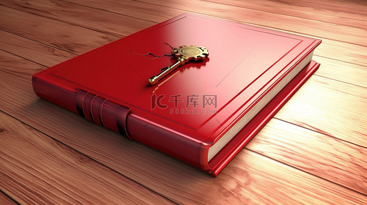 锁定的猩红色书本，钥匙搁在木材表面 3D 渲染上