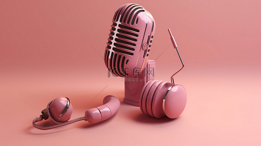粉红色背景下的 3D 插图中的复古麦克风和耳机