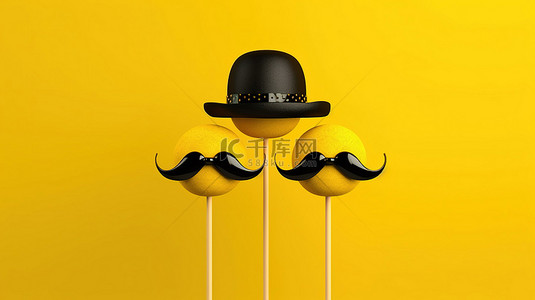 喜剧面具背景图片_黄色背景，带有 3D 渲染的黑色化装舞会小胡子，粘在面具上