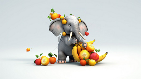 卡通开心的动物背景图片_3d 大象玩弄一系列五颜六色的水果，玩得很开心