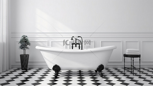 现代浴室的 3D 渲染，配有令人惊叹的白色浴缸和站在瓷砖上的时尚黑色水龙头
