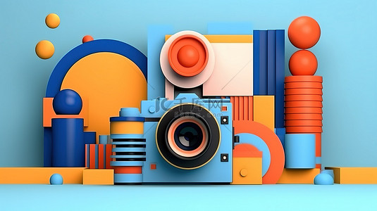 几何孟菲斯风格背景图片_橙色和蓝色色调的几何孟菲斯风格形状相机构图的 3D 渲染插图