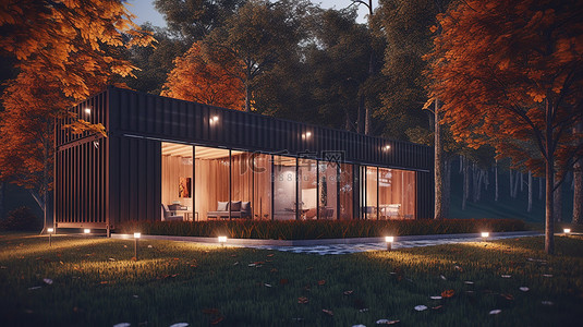 自然背景照亮了由覆盖木板的运输集装箱制成的 3D 渲染房屋，并在夜间点亮