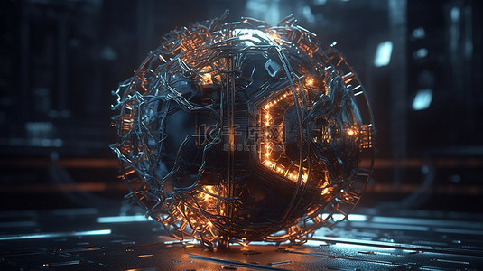 具有混沌结构的金属球体在 3d 渲染中以其核心具有发光能量的科幻对象