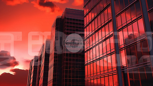 城市连接背景图片_壮观的 3D 插图以充满活力的红色天空中的高层建筑为特色，象征着商业胜利和技术进步