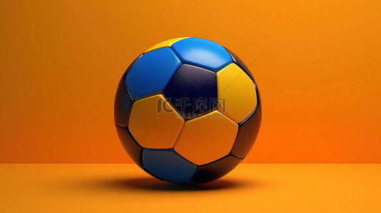 具有皮革纹理的蓝色和黄色足球的橙色背景 3d 渲染