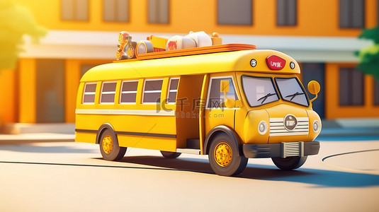 回到学校概念 3d 渲染卡通校车