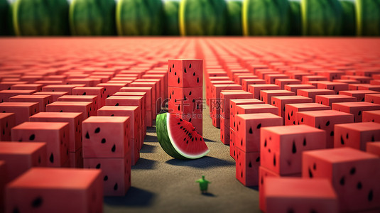 西瓜的插画背景图片_独特的 3D 插图展示了立方体西瓜的独特性格和个性