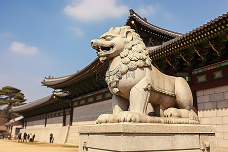 庙会狮子背景图片_韩国宫殿前的狮子雕像
