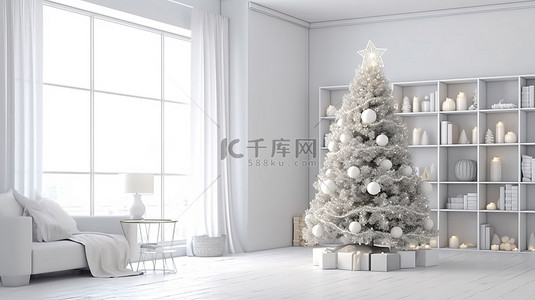 圣诞绿色背景背景图片_斯堪的纳维亚风格的现代室内装饰着玩具和礼物的圣诞树的 3D 插图