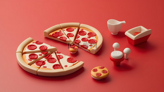 小型快餐美食完整的披萨和披萨片红色单色平面 3D 图标