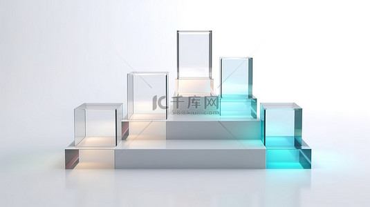 白色背景五块玻璃讲台的 3D 渲染，以浅色主题照明
