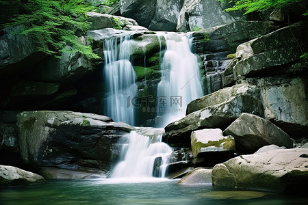 流淌水背景图片_从山岩中流淌出来的瀑布，周围有岩石