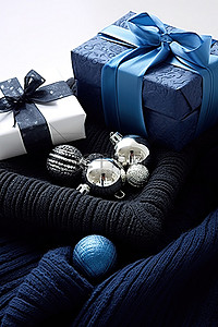 针织圣诞背景图片_一捆带蓝色圣诞针织毛巾和圣诞装饰品的礼物