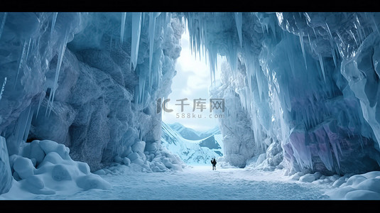 雄伟的冰洞装饰着白雪覆盖的巨石和数字渲染的冰柱