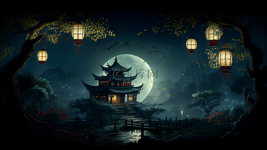 月亮中式背景图片_清明节古风古树背景