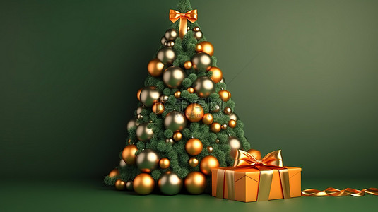 新年送贺卡背景图片_3D 渲染一棵松树圣诞树的插图，上面装饰着贺卡和横幅的丝带装饰