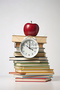 一堆书坐在钟旁边的苹果上