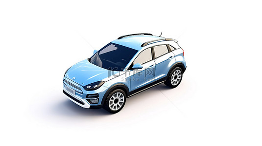 干净的白色背景上时尚的蓝色城市 SUV，具有可定制的车身 3D 渲染