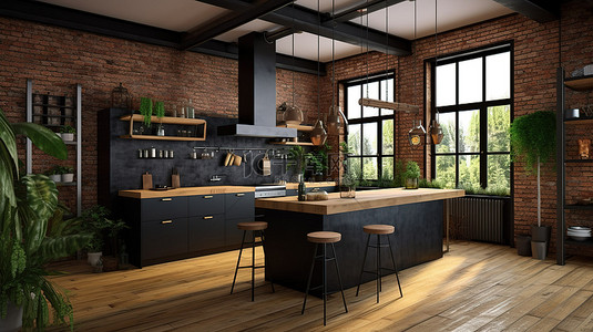 黑色房间背景图片_阁楼风格设计师厨房的 3D 渲染，以深色为特色