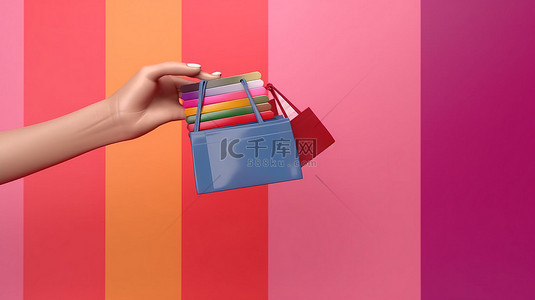 风扇商城背景图片_手持信用卡和购物袋的 3D 渲染