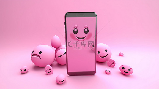 粉红色背景，带有表情符号和 3D 渲染中的空白屏幕智能手机