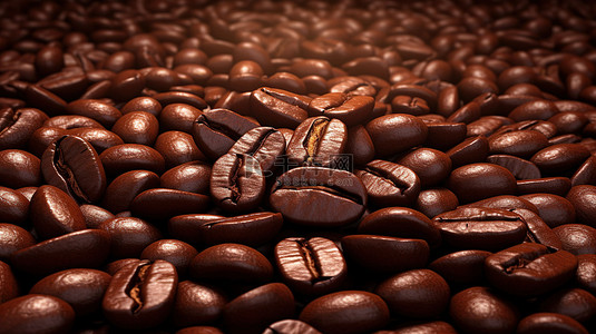 以新鲜烘焙的咖啡豆为特色的 3D 渲染背景插图
