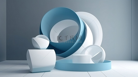 用于产品演示的蓝色和白色弯曲抽象基座的 3D 插图