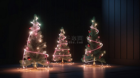 节日装饰品和绳灯装饰 3D 渲染的圣诞树