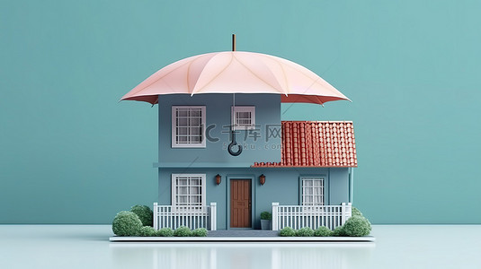 房地产横幅背景图片_房地产横幅背景的 3D 插图，其特色是带有伞保护和担保贷款的房屋