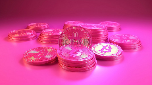 nft 或不可替代令牌加密硬币区块链技术的插图，用于买卖漂浮在粉红色背景上的音乐图片视频和数字艺术