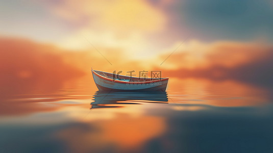 多彩抽象日落背景上的船剪影令人惊叹的 3D 插图