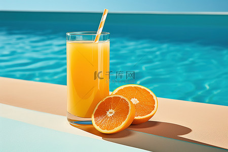橙汁图片背景图片_泼水池旁边的橙汁图片