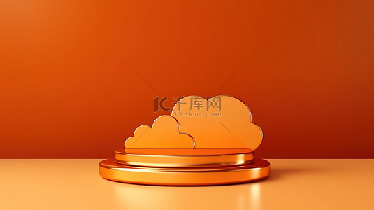 豪华的金色云彩作为亮橙色 3D 产品展示讲台的抽象背景