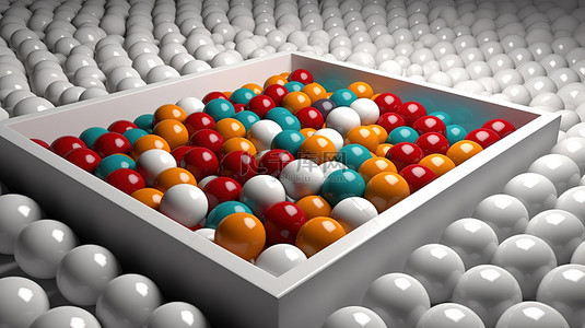 3D 抽象插图中一堆白球中充满活力的彩色球体