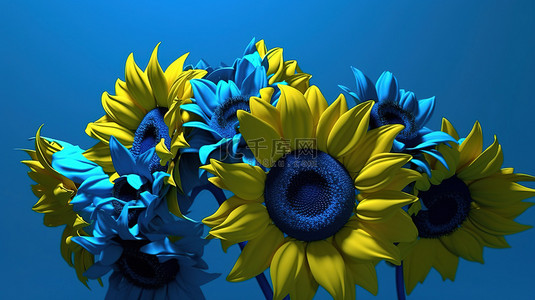 用 3d 向日葵装饰的蓝色背景