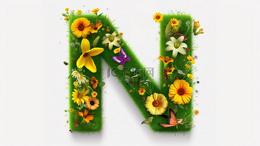 自然启发的 n 设计与盛开的绿草和花朵 3D 渲染图形项目
