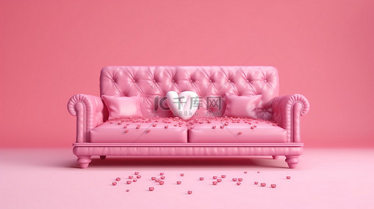 空气中弥漫着爱，用心形气球和背景 3D 渲染中的粉红色沙发庆祝情人节