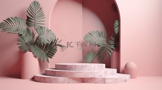 演示中背景图片_柔和的粉红色石头舞台讲台，3D 渲染背景中带有棕榈叶阴影，非常适合演示