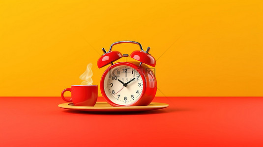 咖啡时间提醒用红色背景上的咖啡杯闹钟唤醒3D 渲染