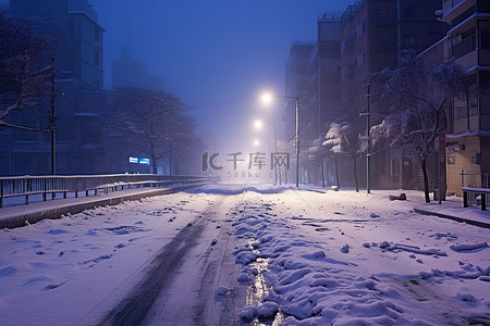 在一座雪城里，一条白色的街道夜间铺有积雪