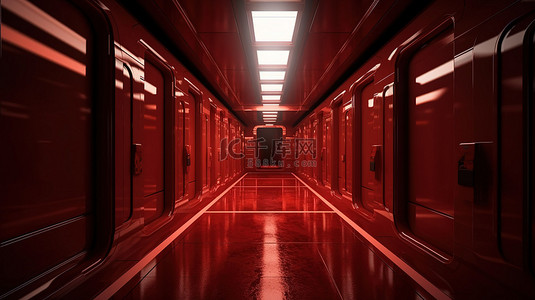 科幻设计背景图片_深红色抽象科幻走廊 3D 渲染图像