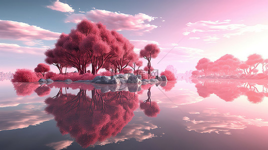 水中的湖面背景图片_日出时宁静的湖面上倒映着粉色树木和草的令人惊叹的 3D 渲染