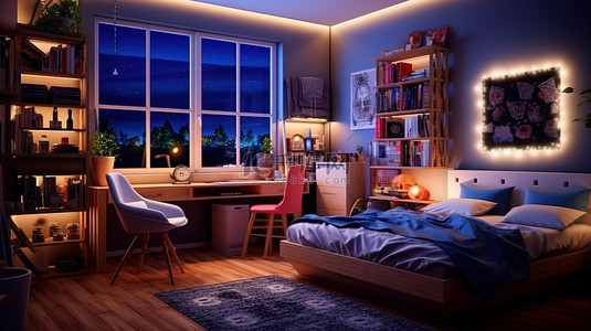 青少年天堂舒适别致的房间，配有 3D 渲染的环境夜间照明
