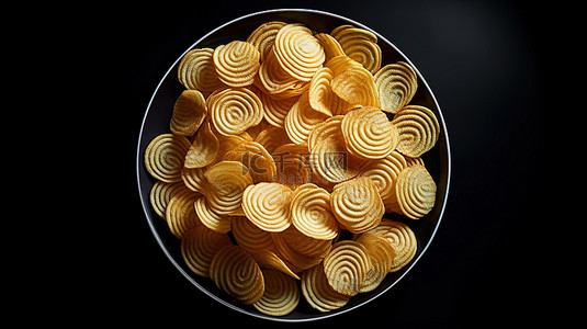 更完美背景图片_完美排列的脆皮薯片，用于零食快餐和黑色背景上的更多 3D 渲染